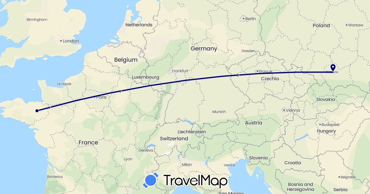 TravelMap itinerary: driving in France, Poland (Europe)